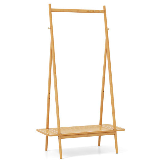 Bamboo Clothes Rack with Hanging Rod Rattan Shelf and Copper Hooks-Natural