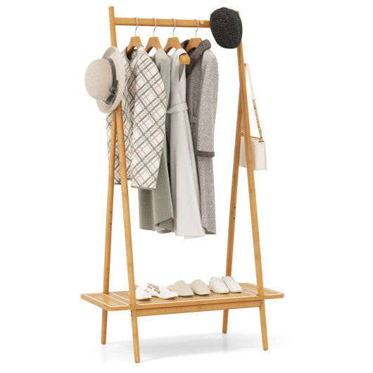 Bamboo Clothes Rack with Hanging Rod Rattan Shelf and Copper Hooks-Natural