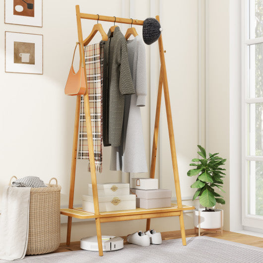 Bamboo Clothes Rack with Hanging Rod Rattan Shelf and Copper Hooks-Natural