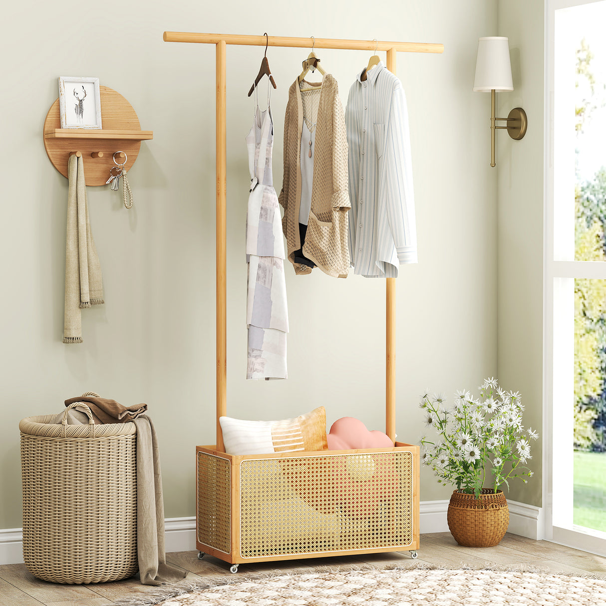Bamboo Clothes Rack with Rattan Storage Basket and Wheels-Natural
