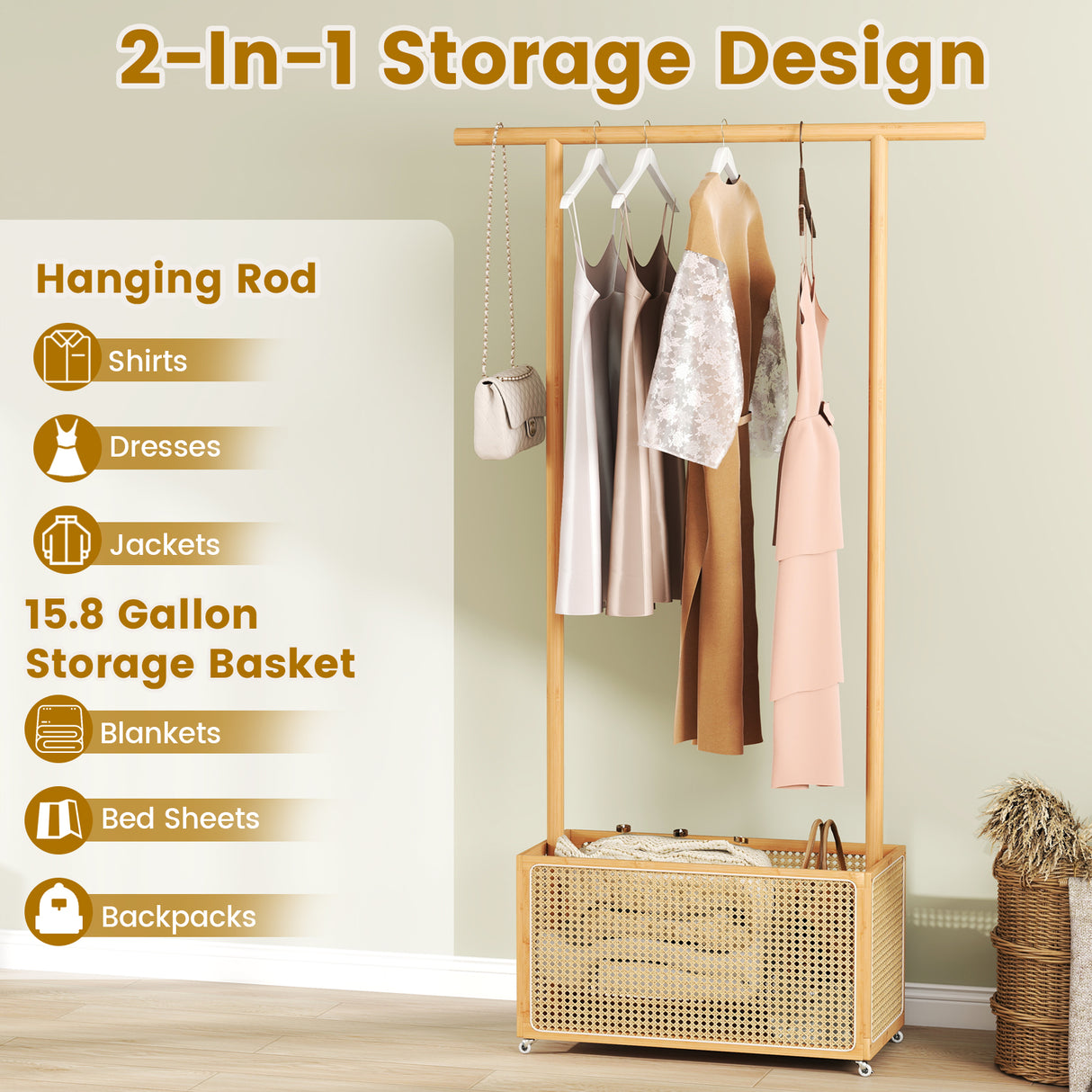 Bamboo Clothes Rack with Rattan Storage Basket and Wheels-Natural
