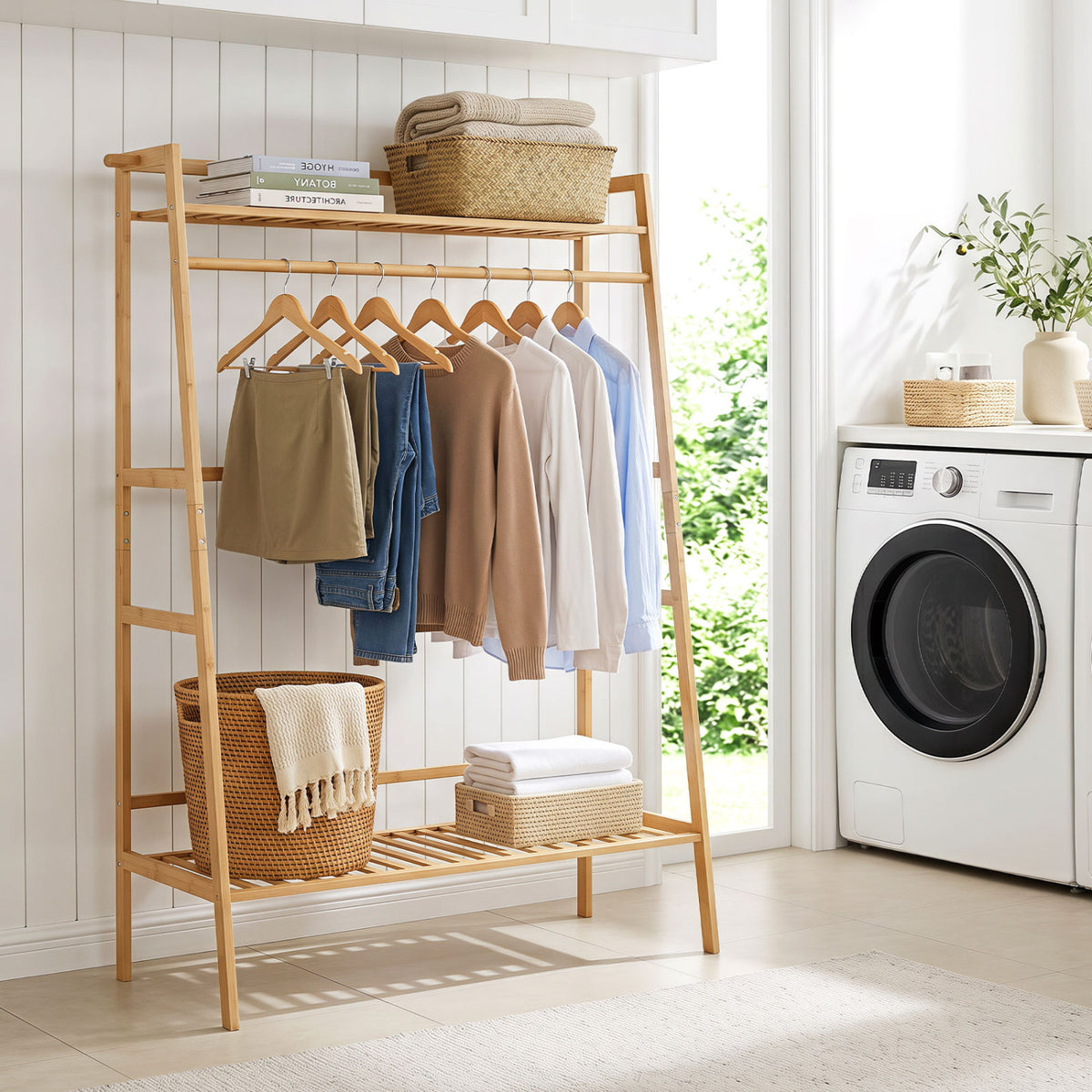 Bamboo Clothing Garment Rack Freestanding Open Wardrobe Organizer with Hanging Rod-Natural