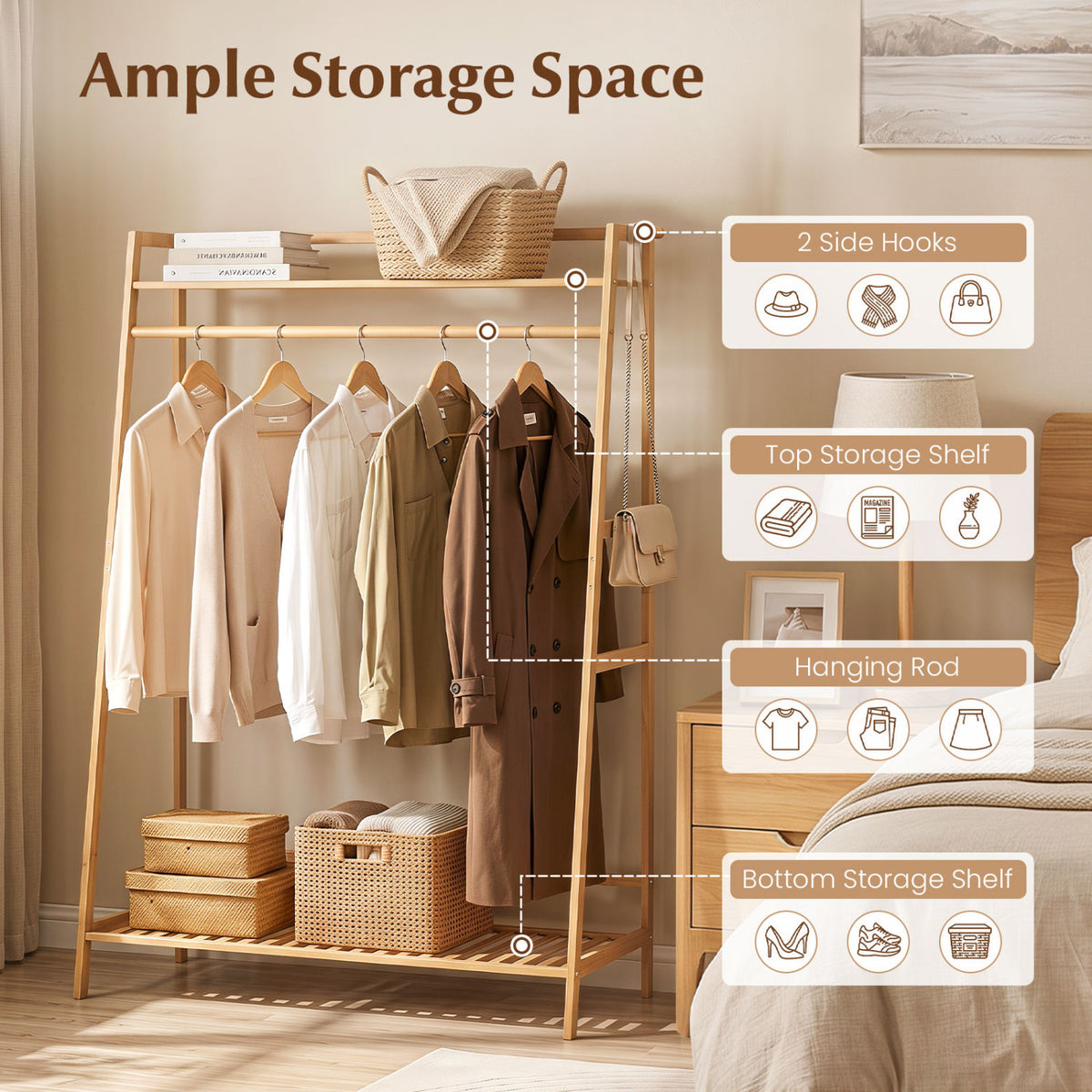 Bamboo Clothing Garment Rack Freestanding Open Wardrobe Organizer with Hanging Rod-Natural