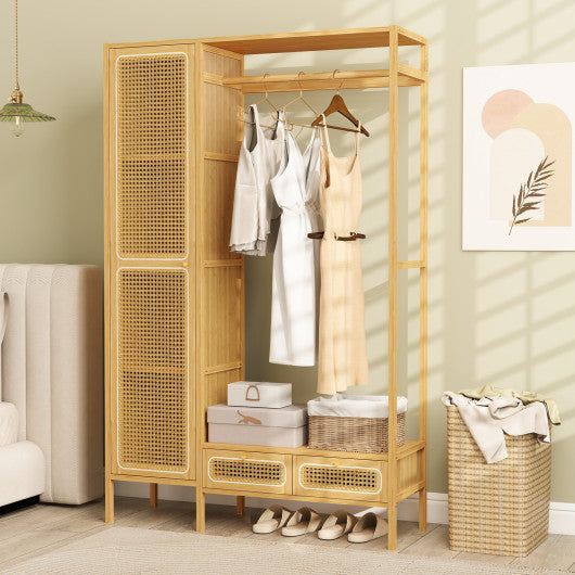 Bamboo Clothing Rack with Cabinet and Drawers and Hanging Rod-Natural