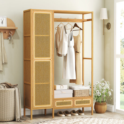 Bamboo Clothing Rack with Cabinet and Drawers and Hanging Rod-Natural