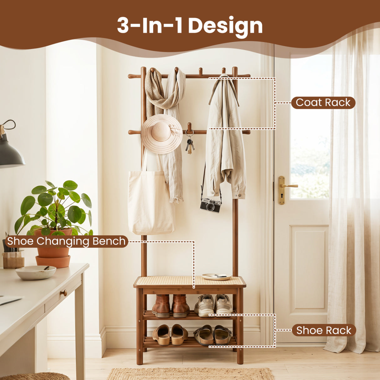 Bamboo Coat Rack PE Rattan Hall Tree with Bench and Shoe Storage 3-In-1 Entryway Bench-Brown
