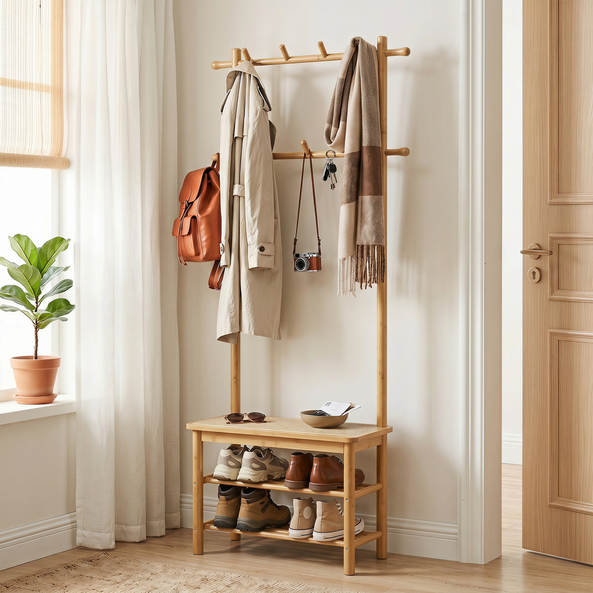 Bamboo Coat Rack PE Rattan Hall Tree with Bench and Shoe Storage 3-In-1 Entryway Bench-Natural