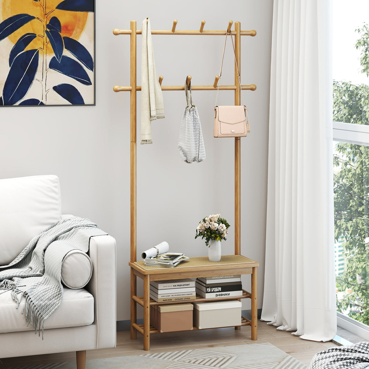 Bamboo Coat Rack PE Rattan Hall Tree with Bench and Shoe Storage 3-In-1 Entryway Bench-Natural