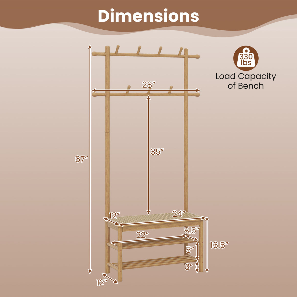Bamboo Coat Rack PE Rattan Hall Tree with Bench and Shoe Storage 3-In-1 Entryway Bench-Natural