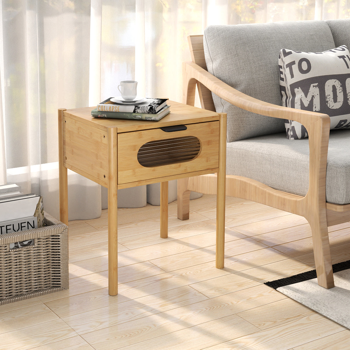 Bamboo Nightstand Square Tall End Table with Decorated Drawer-Natural