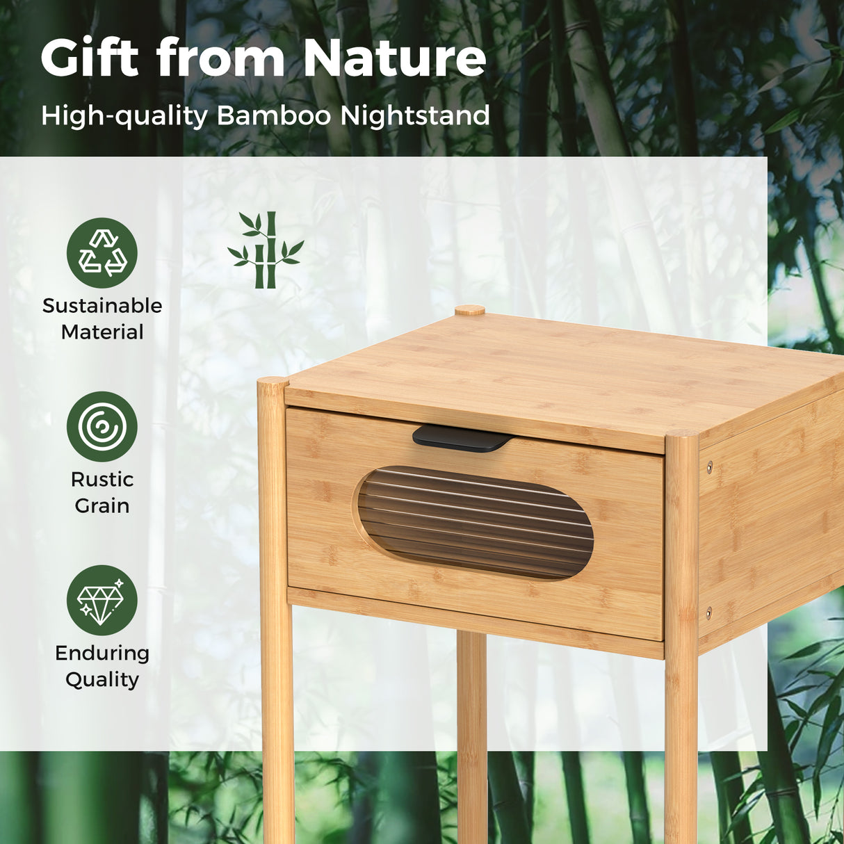 Bamboo Nightstand Square Tall End Table with Decorated Drawer-Natural