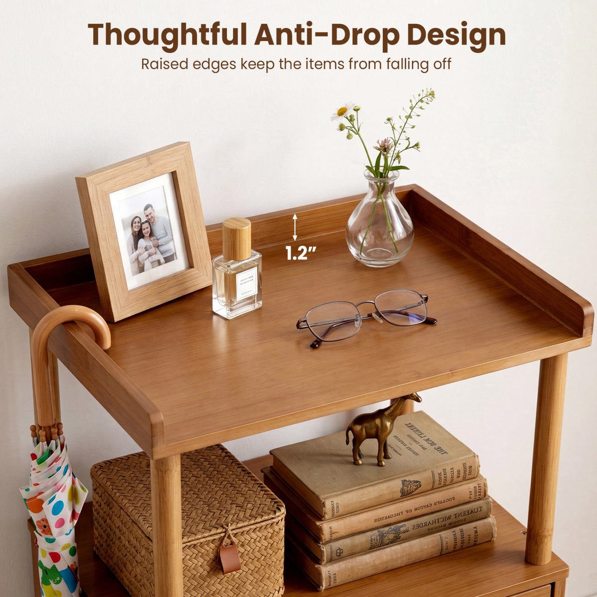 Bamboo Rattan Nightstand with Raised Edge Flip-Up Door and Open Shelf-Walnut