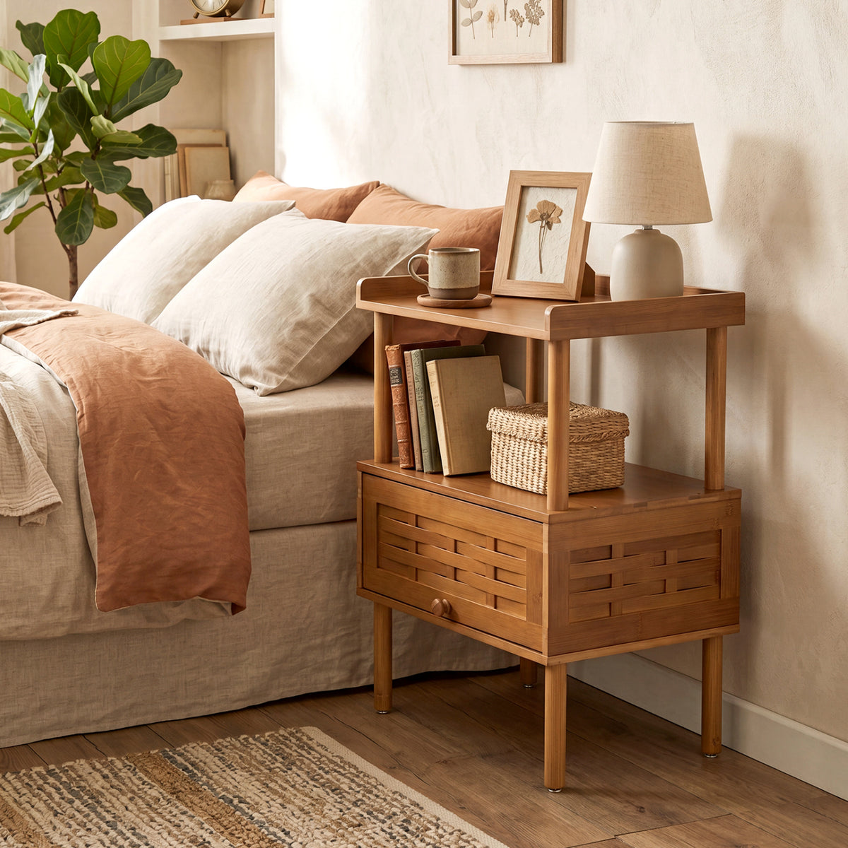 Bamboo Rattan Nightstand with Raised Edge Flip-Up Door and Open Shelf-Walnut