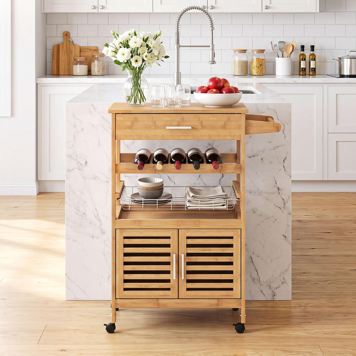 Bamboo Rolling Kitchen Island Trolley with Storage Cabinet and Wine Rack-Natural