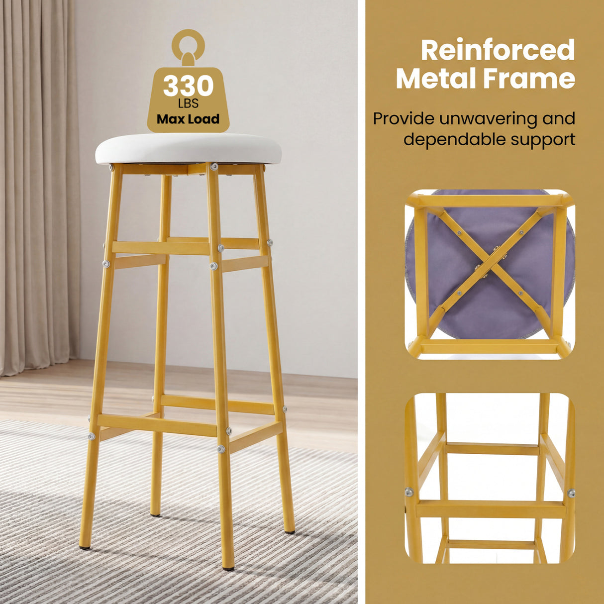 Bar Stools Set of 2 with Sturdy Metal Frame and Footrest-White