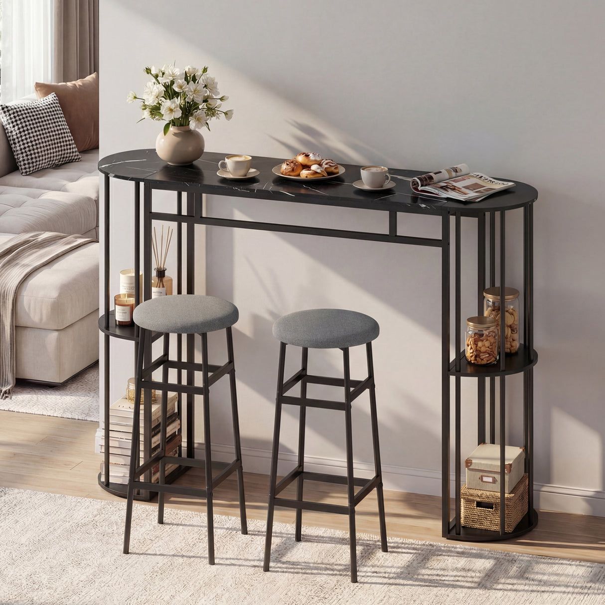 Bar Stools Set of 2 with Sturdy Metal Frame and Footrest-Gray
