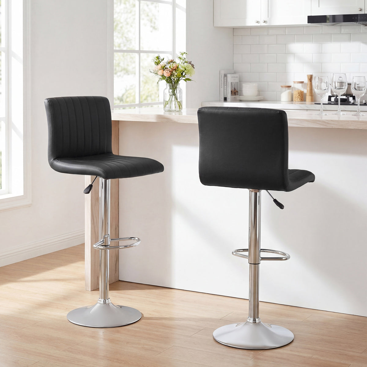 Bar Stools Set of 2 Adjustable Swivel Barstools with Back and Footrest-Black