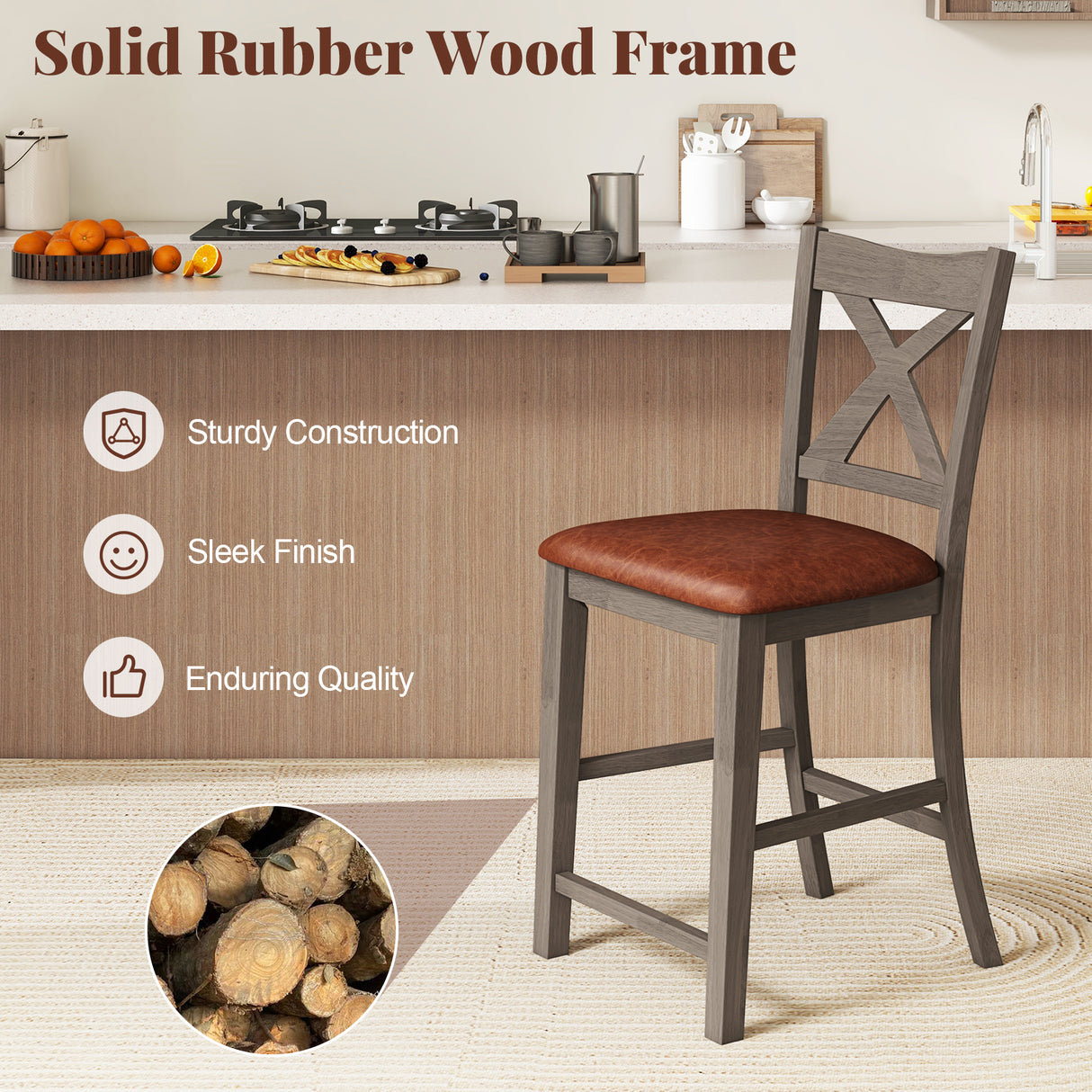 Bar Stools Set of 2 with Cross Back and Faux Leather Upholstered Seat-Gray
