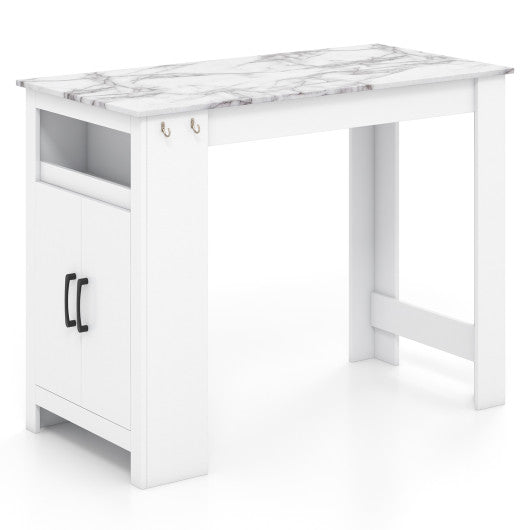 Bar Table Faux Marble Pub Table with 7 Hanging Hooks Compartment-White