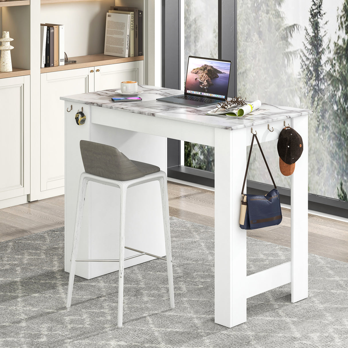 Bar Table Faux Marble Pub Table with 7 Hanging Hooks Compartment-White