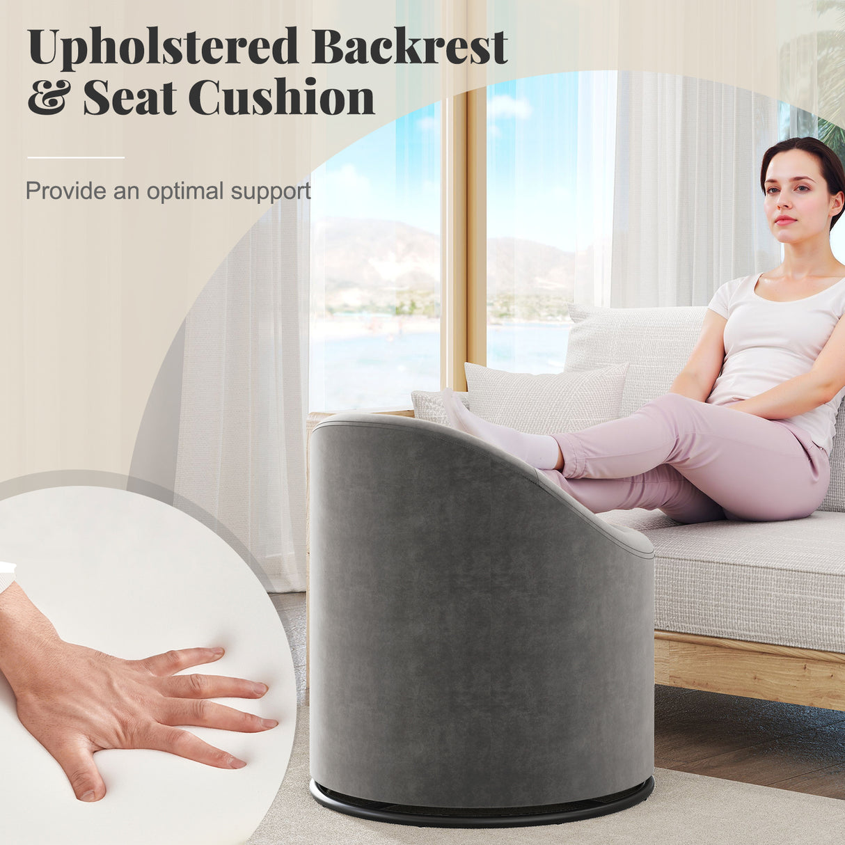 Barrel Chair with Storage 360 ° Swivel Upholstered Vanity Chair-Gray