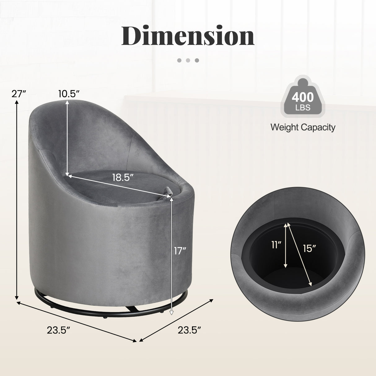 Barrel Chair with Storage 360 ° Swivel Upholstered Vanity Chair-Gray