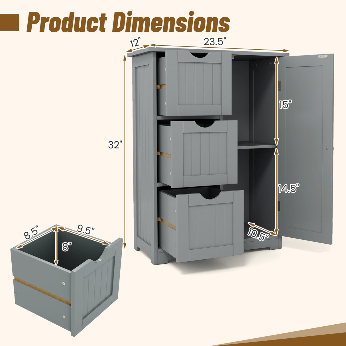 Bathroom Floor Cabinet Side Storage Cabinet with 3 Drawers and 1 Cupboard-Gray