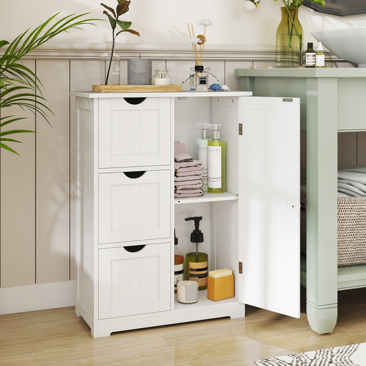 Bathroom Floor Cabinet Side Storage Cabinet with 3 Drawers and 1 Cupboard-Black