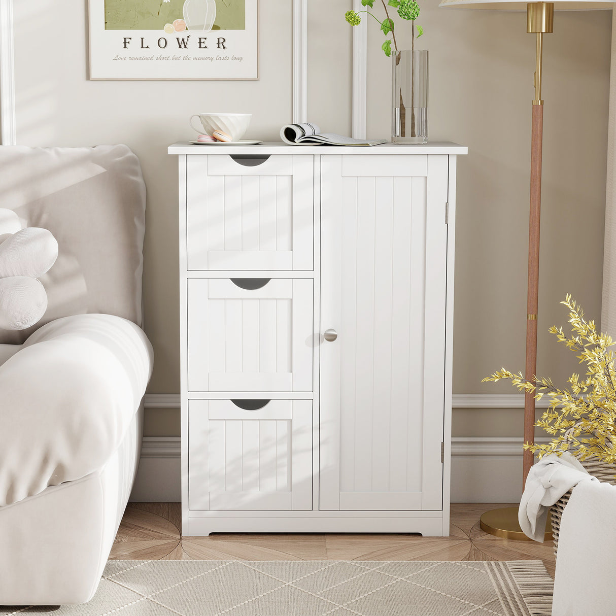 Bathroom Floor Cabinet Side Storage Cabinet with 3 Drawers and 1 Cupboard-Black