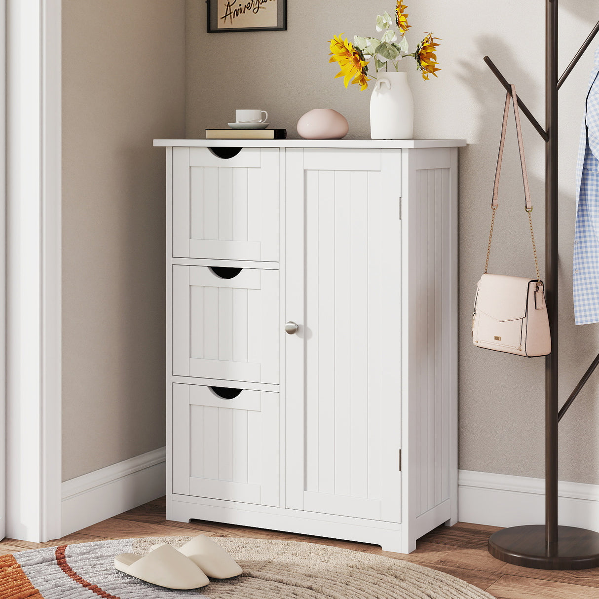 Bathroom Floor Cabinet Side Storage Cabinet with 3 Drawers and 1 Cupboard-Black