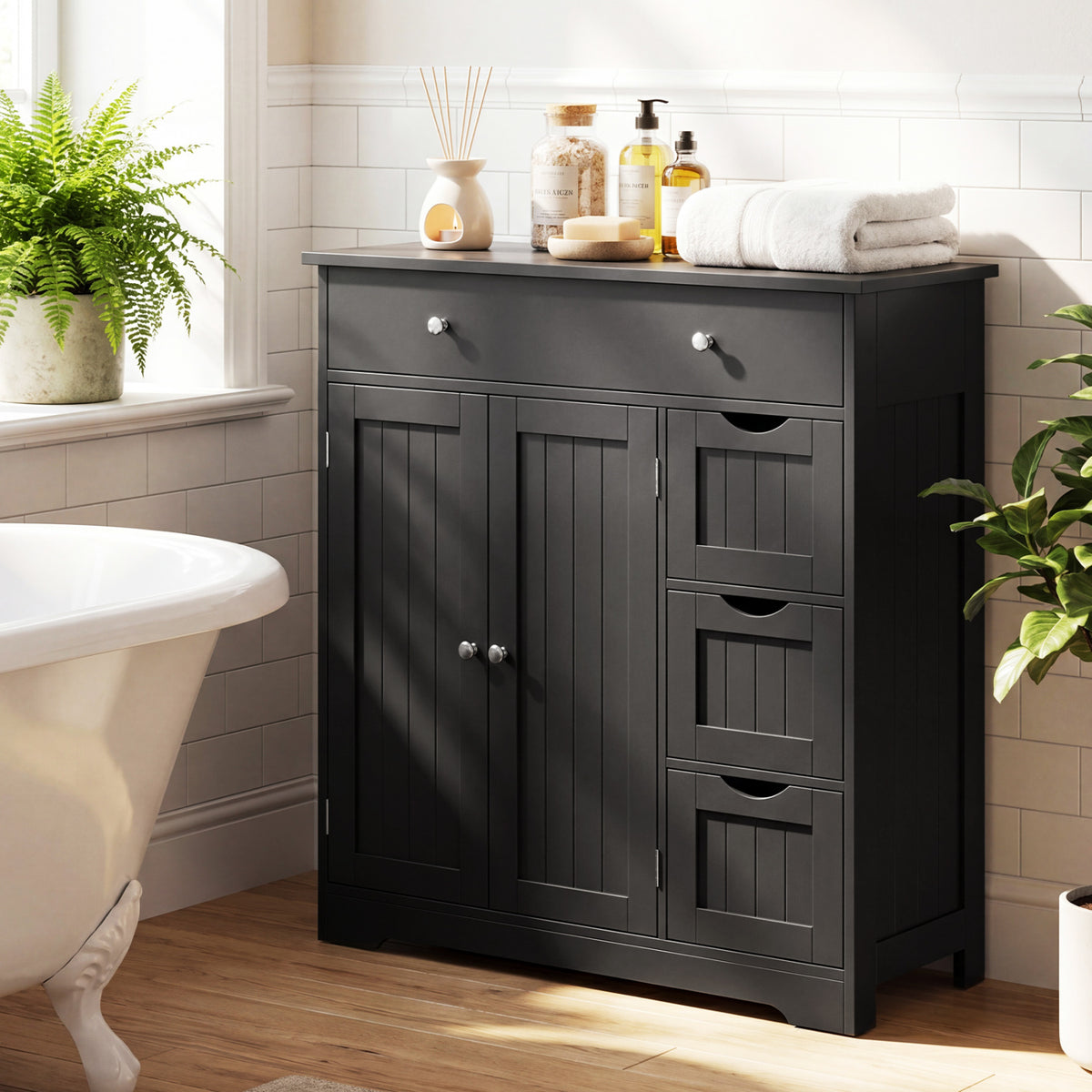 Bathroom Floor Cabinet with 4 Drawers with 2 Doors and Adjustable Shelf-Black