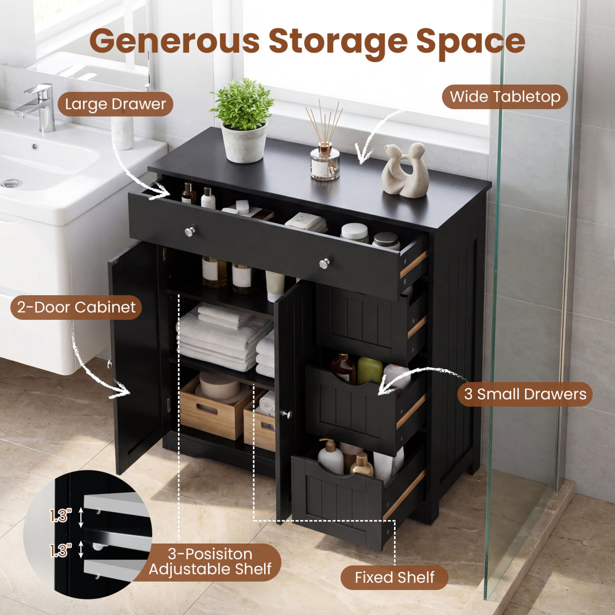 Bathroom Floor Cabinet with 4 Drawers with 2 Doors and Adjustable Shelf-Black