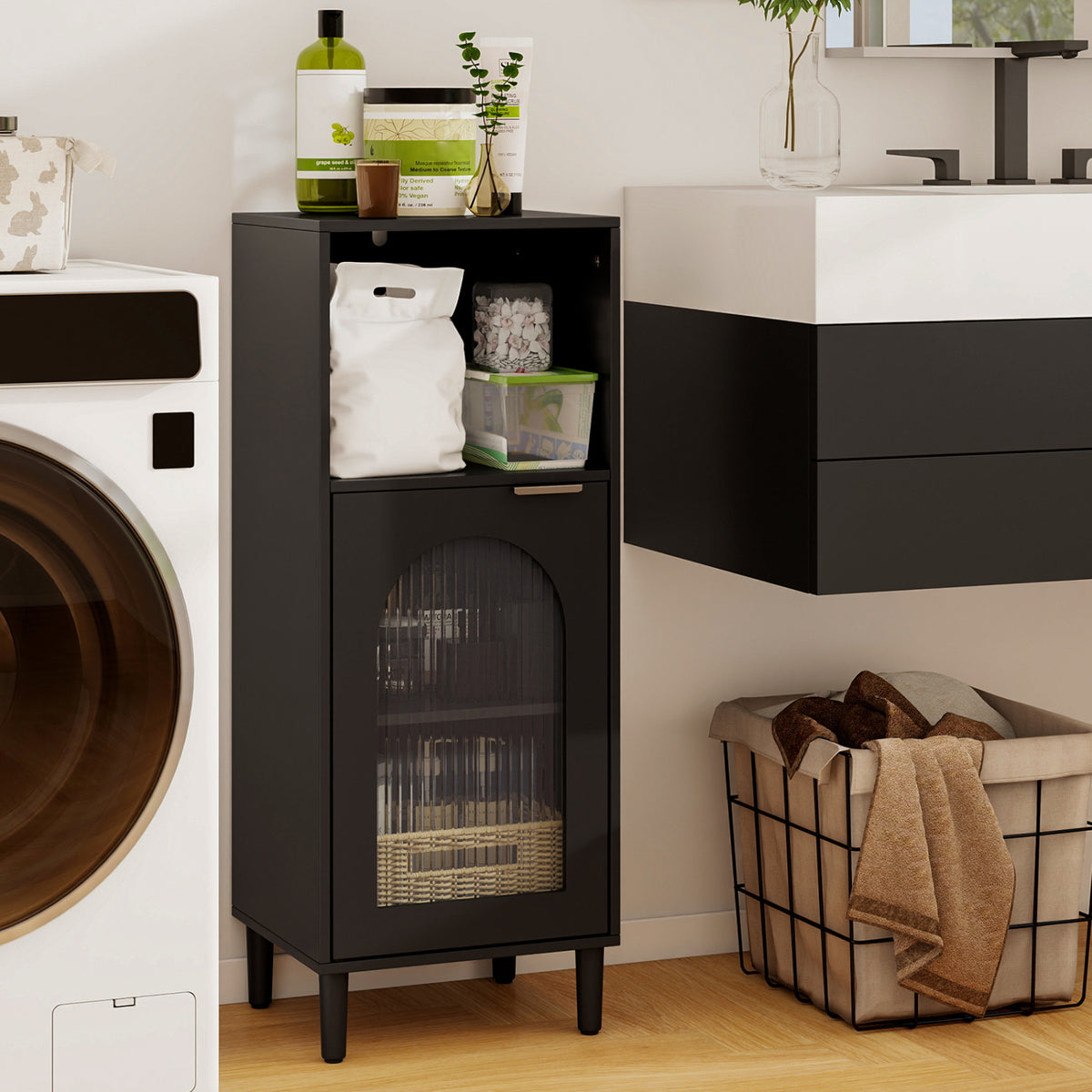 Bathroom Floor Cabinet Wood Side Storage Organizer with Adjustable Shelf-Black