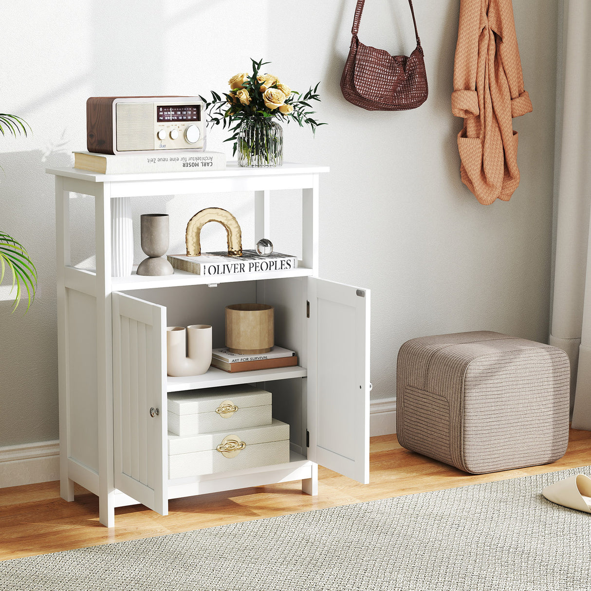 Bathroom Floor Cabinet Freestanding Storage Organizer with Open Compartment-White