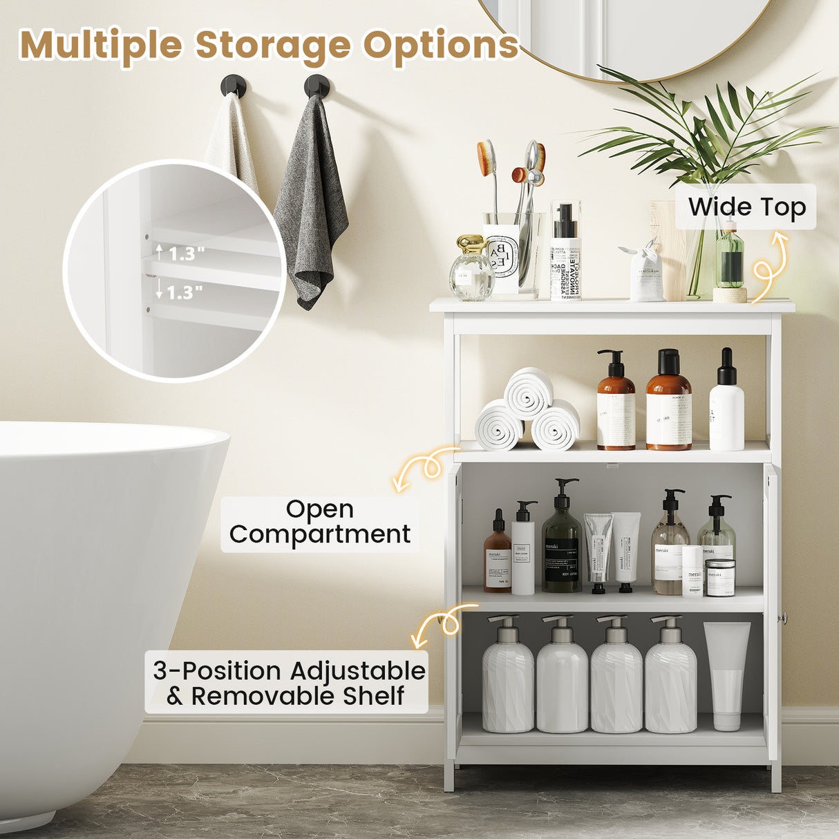 Bathroom Floor Cabinet Freestanding Storage Organizer with Open Compartment-White