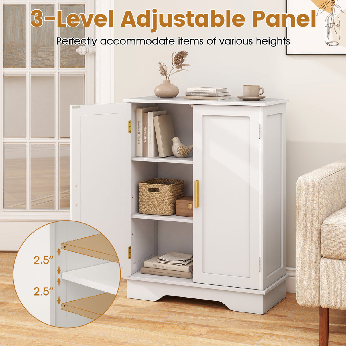 Bathroom Floor Storage Cabinet with 2 Doors and Adjustable Shelves-White
