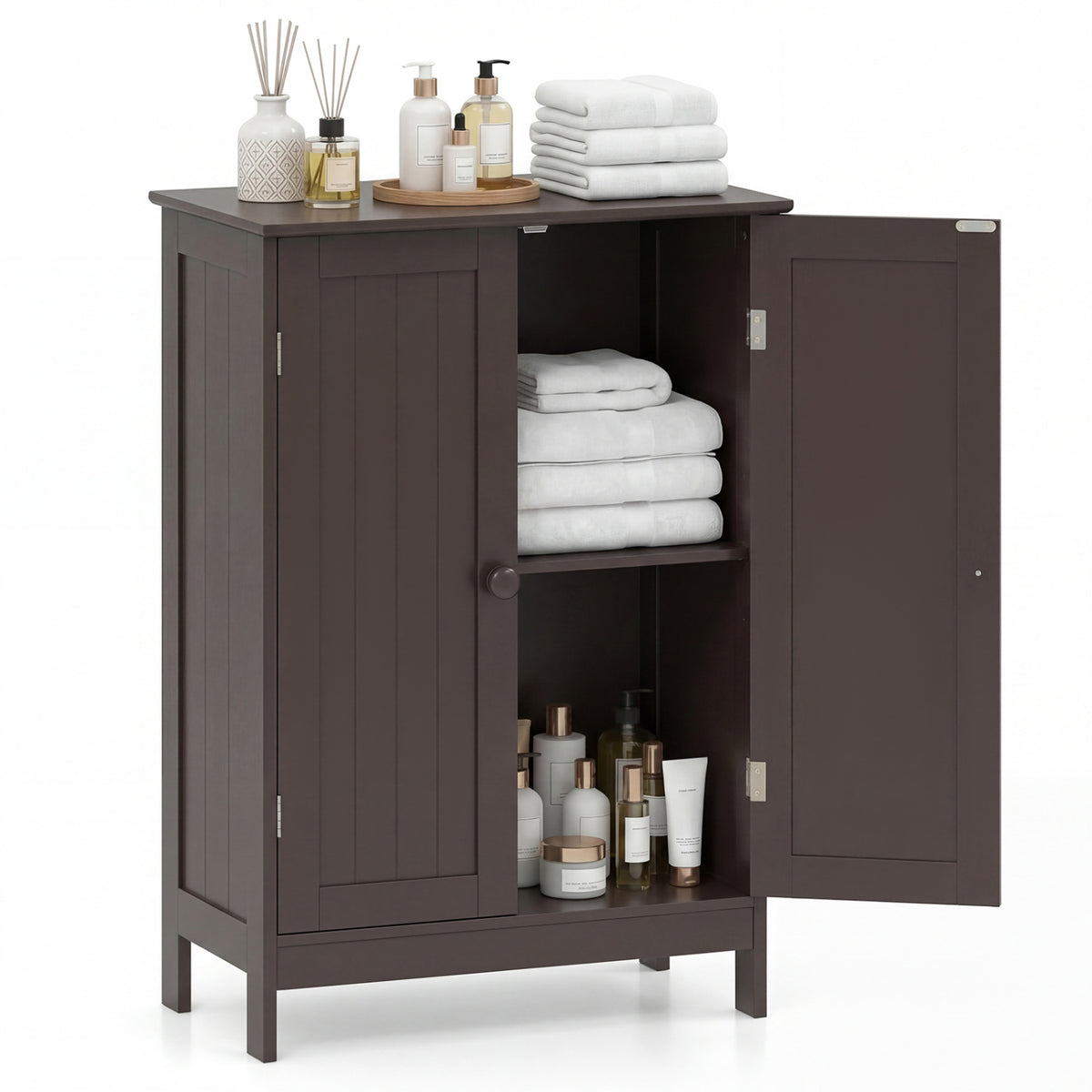 Bathroom Floor Storage Double Door Cupboard Cabinet-Brown