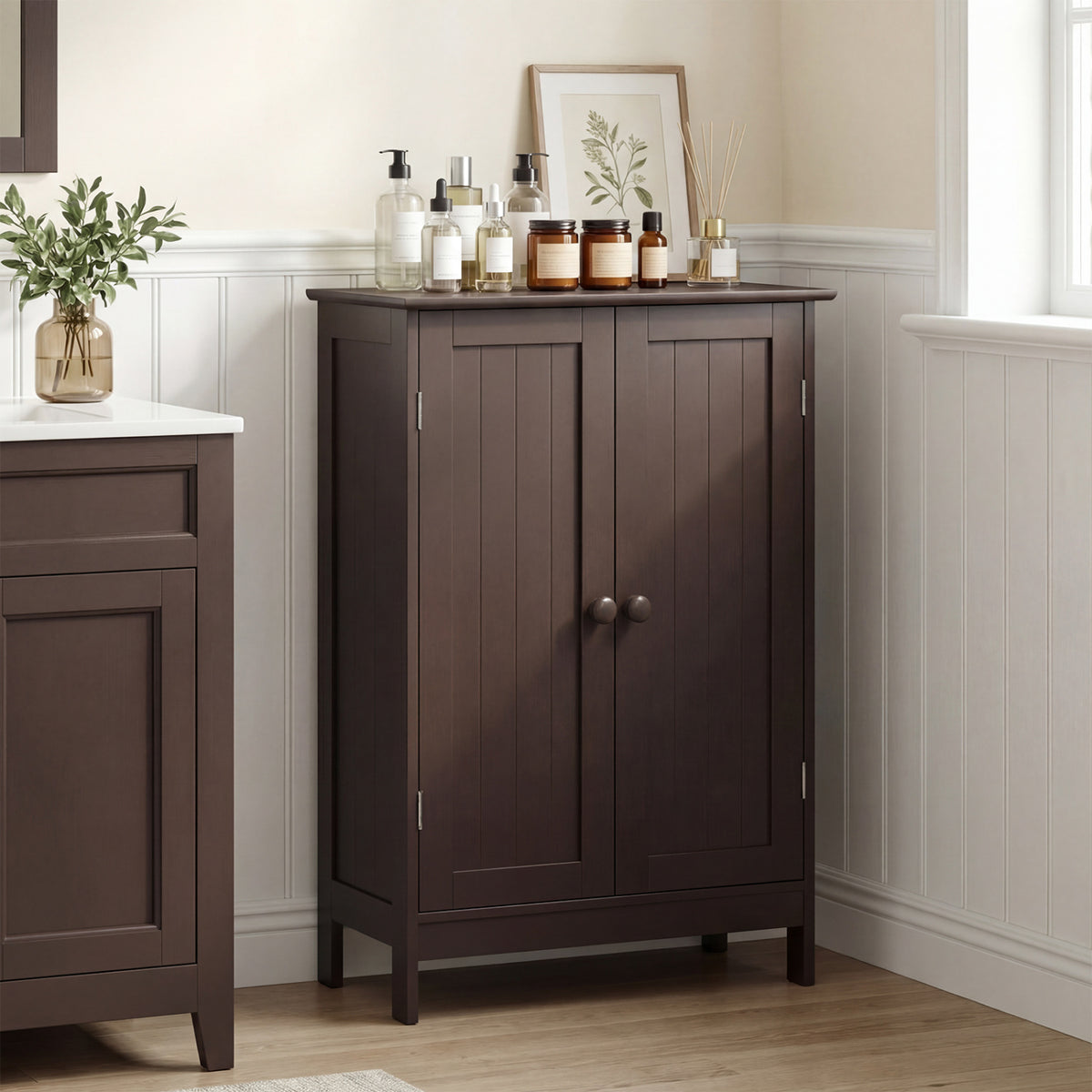 Bathroom Floor Storage Double Door Cupboard Cabinet-Brown