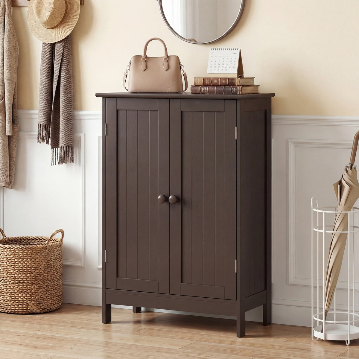 Bathroom Floor Storage Double Door Cupboard Cabinet-Brown