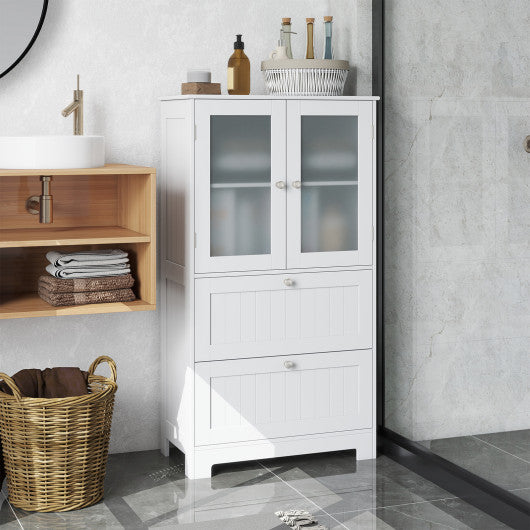 Bathroom Floor Storage Cabinet Freestanding Cupboard Pantry with 2 Drawers and 2 Frosted Glass Doors-White