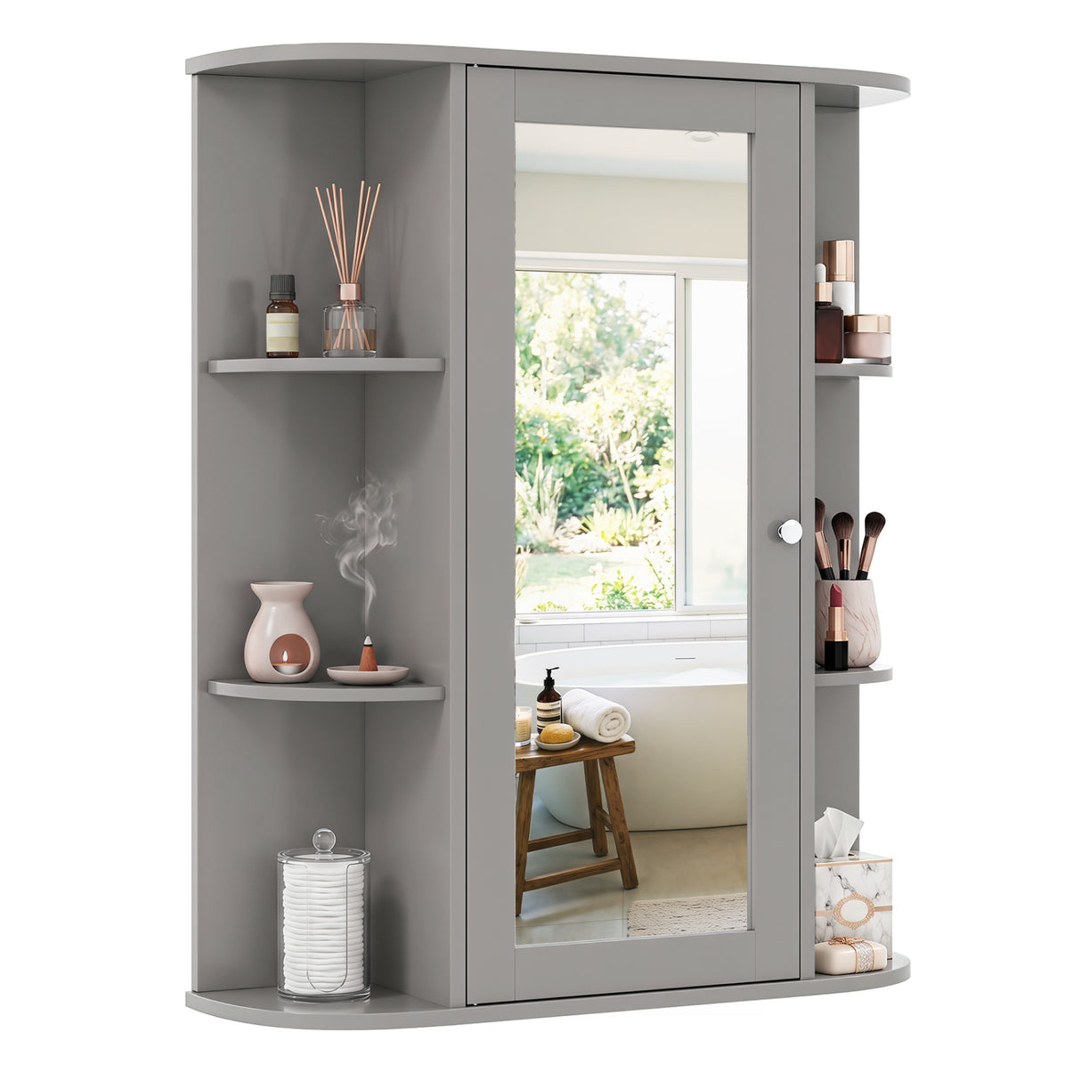 Mirrored Bathroom Medicine Cabinet with Single Mirror Door and Adjustable Shelf-White
