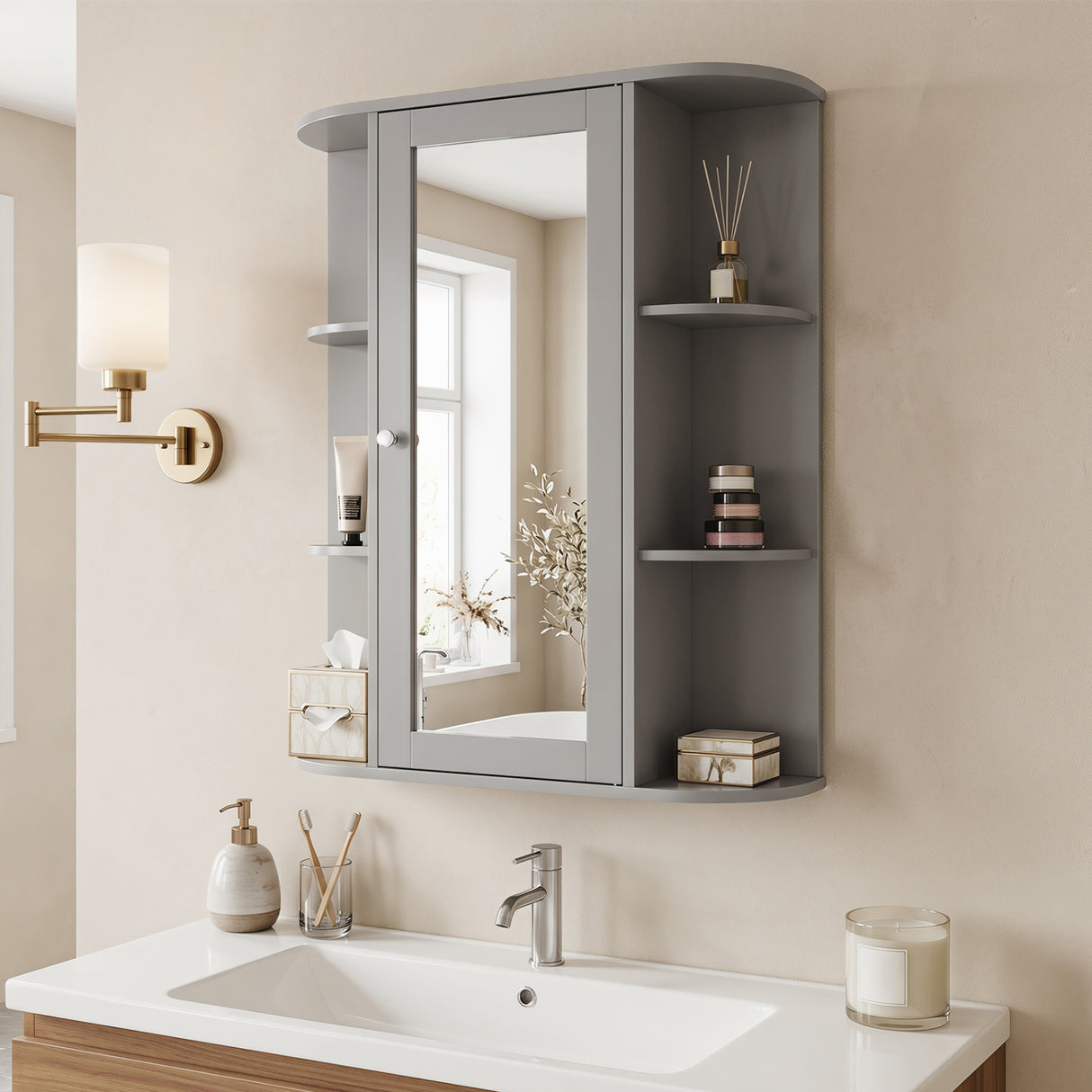 Mirrored Bathroom Medicine Cabinet with Single Mirror Door and Adjustable Shelf-White