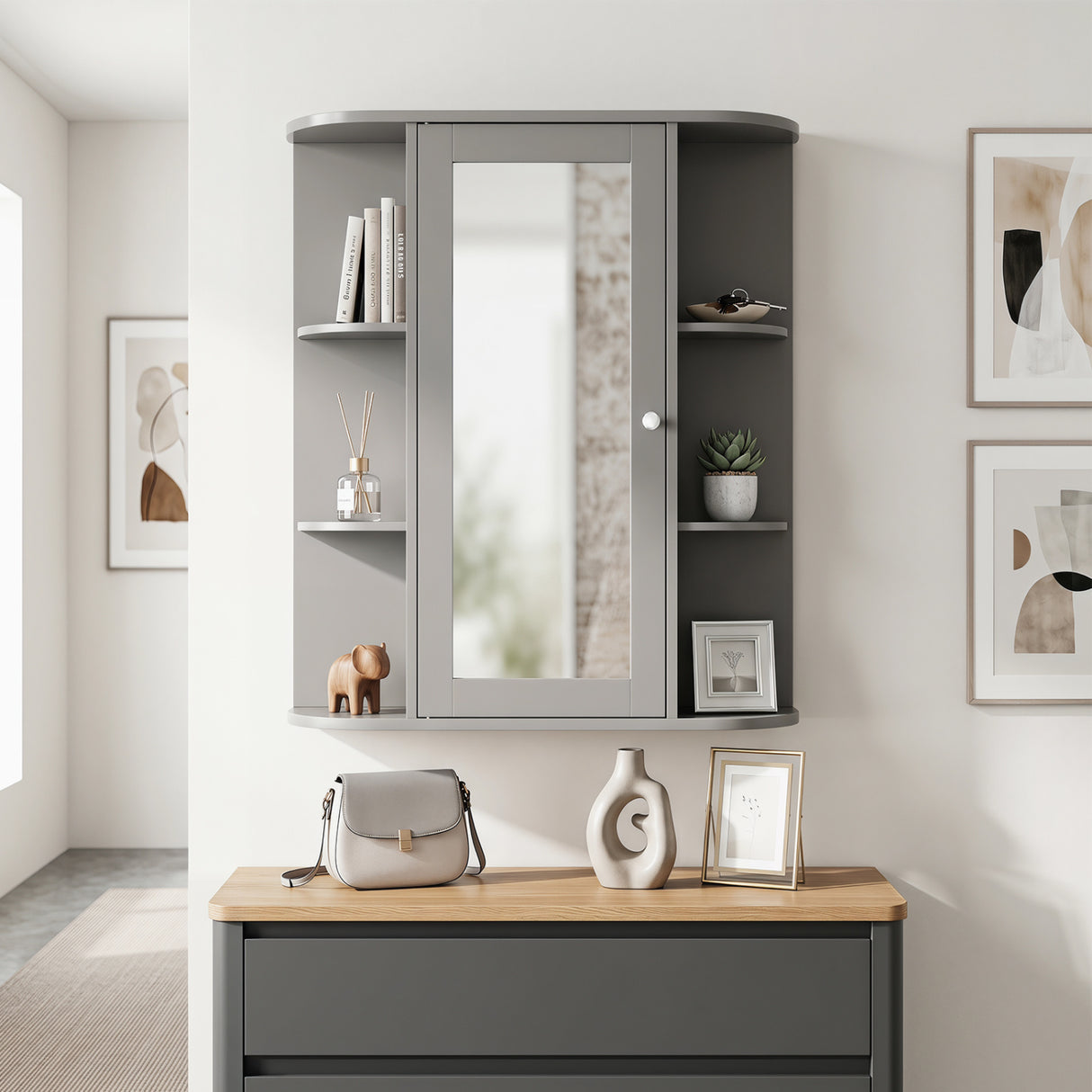 Mirrored Bathroom Medicine Cabinet with Single Mirror Door and Adjustable Shelf-White