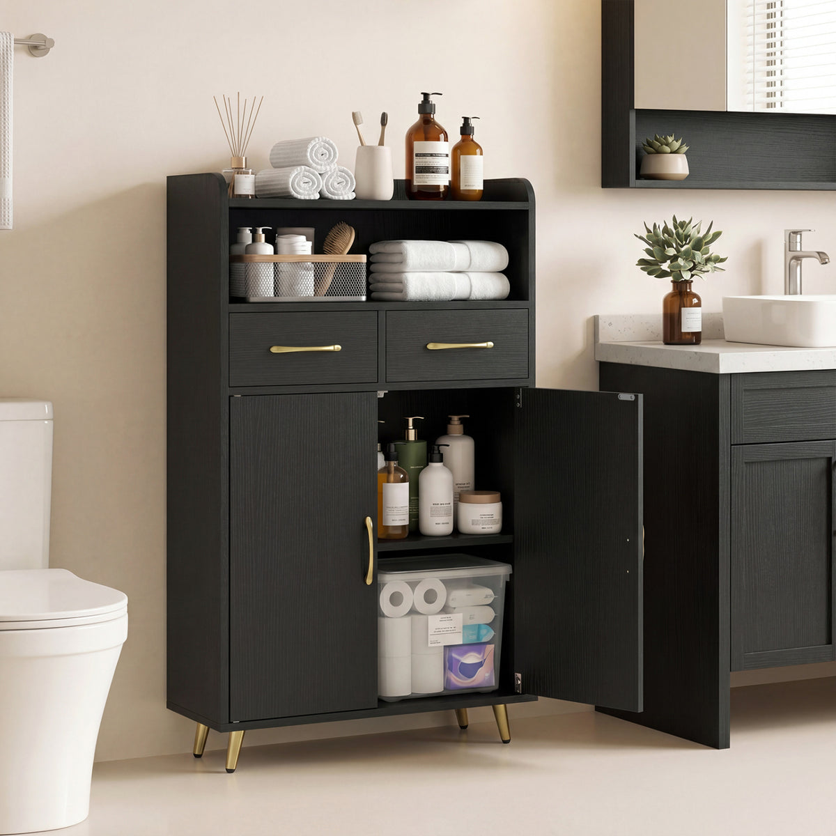 Bathroom Storage Cabinet Freestanding Floor Cabinet with 2 Drawers and 2 Doors-Black