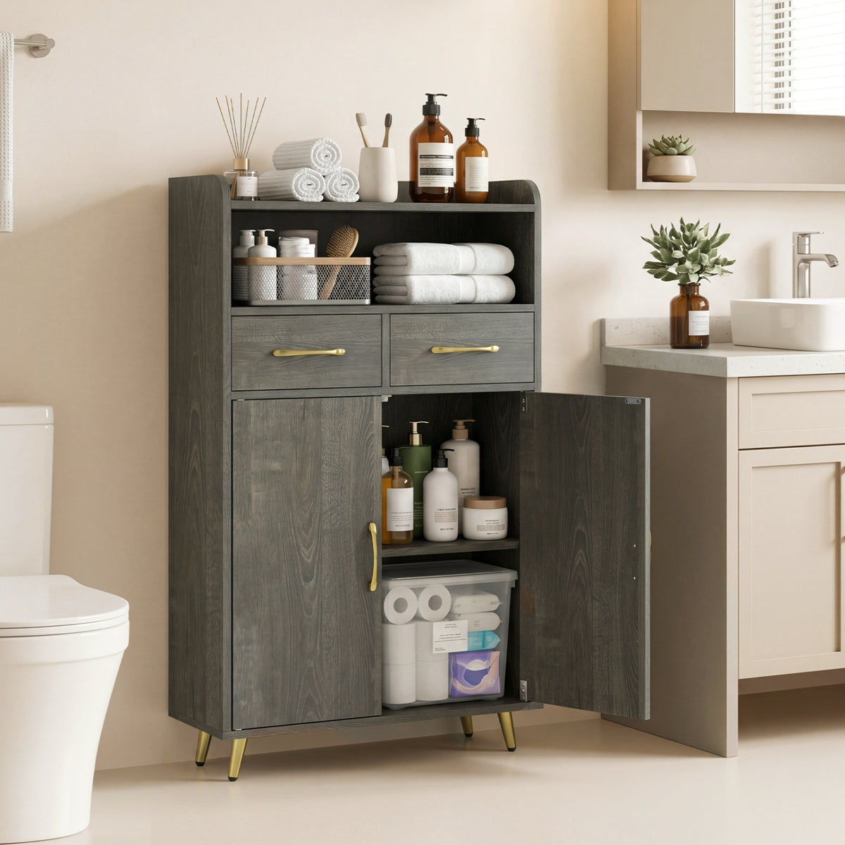 Bathroom Storage Cabinet Freestanding Floor Cabinet with 2 Drawers and 2 Doors-Gray Oak