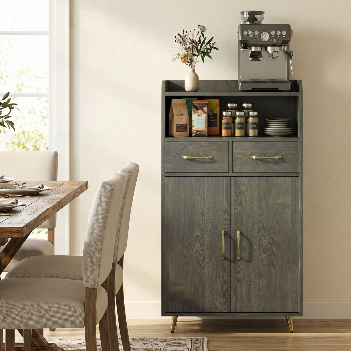 Bathroom Storage Cabinet Freestanding Floor Cabinet with 2 Drawers and 2 Doors-Gray Oak