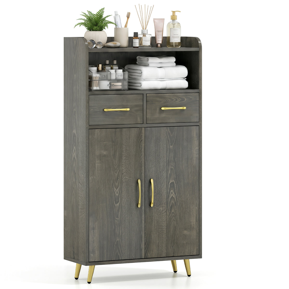 Bathroom Storage Cabinet Freestanding Floor Cabinet with 2 Drawers and 2 Doors-Gray Oak