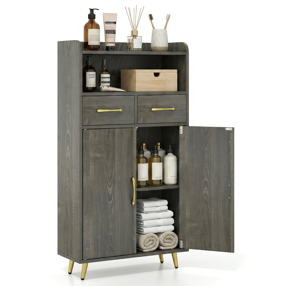 Bathroom Storage Cabinet Freestanding Floor Cabinet with 2 Drawers and 2 Doors-Gray Oak