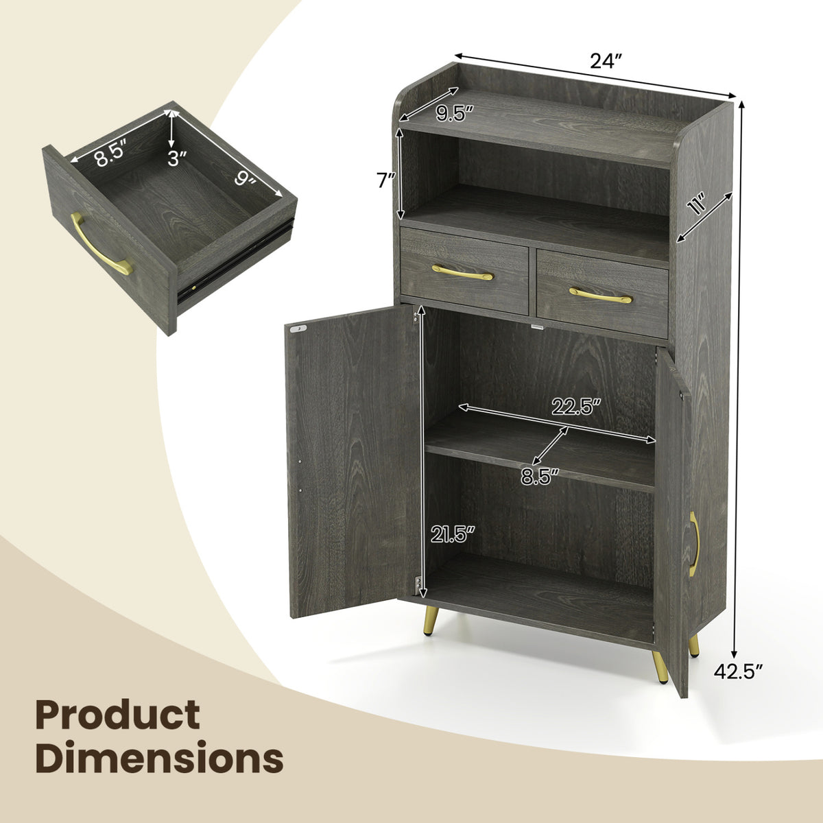 Bathroom Storage Cabinet Freestanding Floor Cabinet with 2 Drawers and 2 Doors-Gray Oak