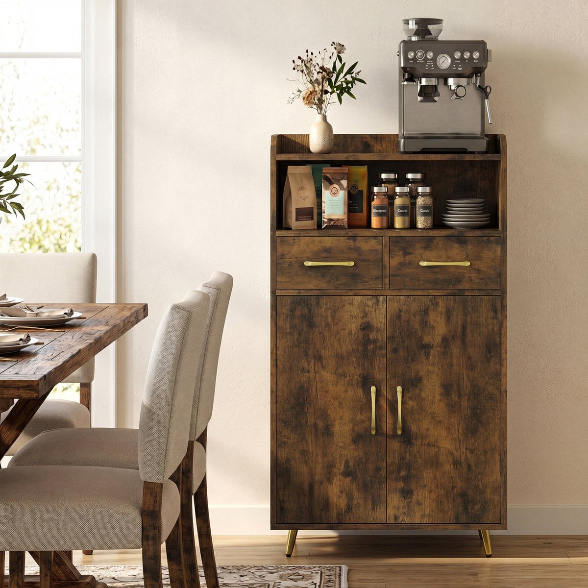 Bathroom Storage Cabinet Freestanding Floor Cabinet with 2 Drawers and 2 Doors-Rustic Brown